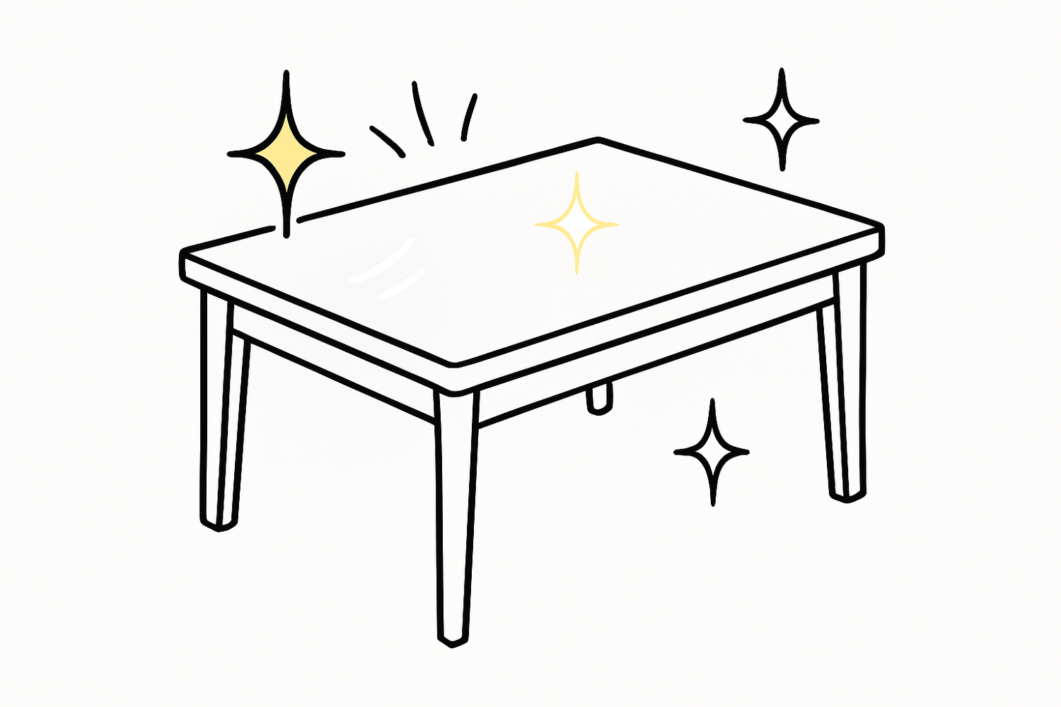 Generate a minimalist diagram of a dining table that has cartoon shine